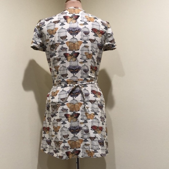 Vintage Apron Dress Size Small Cream Butterfly Bird Cage Print - Picture 5 of 9